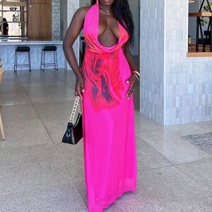 Hot Pink Cowl Neck Maxi Dress